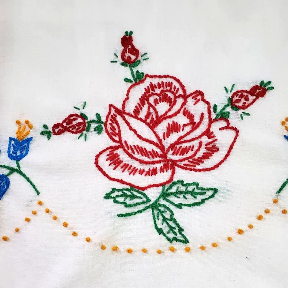 Vintage Hand Embroidered Floral Pillowcases White Cotton Pair 2 Cottagecore